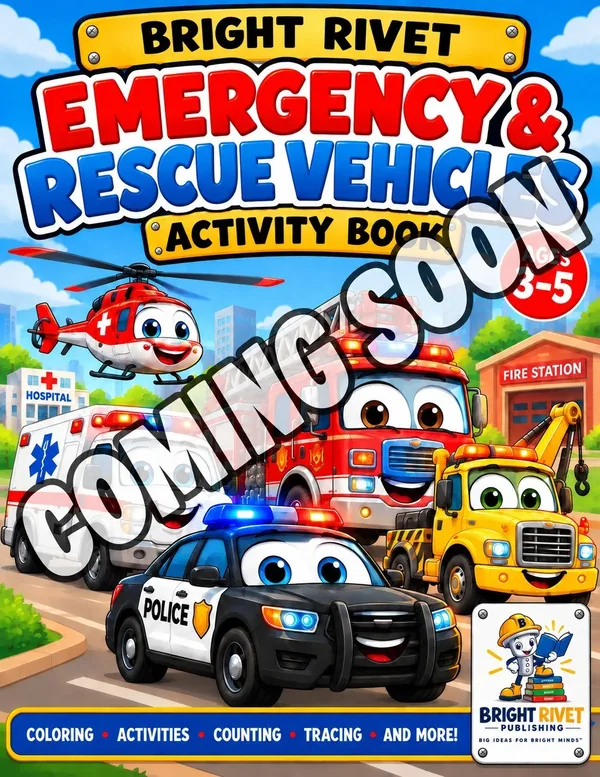 Cover of the Bright Rivet Emergency and Rescue Vehicles Activity Book, with a fire truck, police car and ambulance