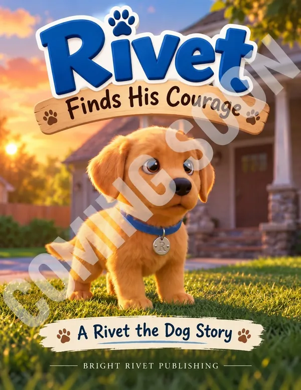 Cover of Rivet Finds His Courage, a golden puppy on a lawn at sunset