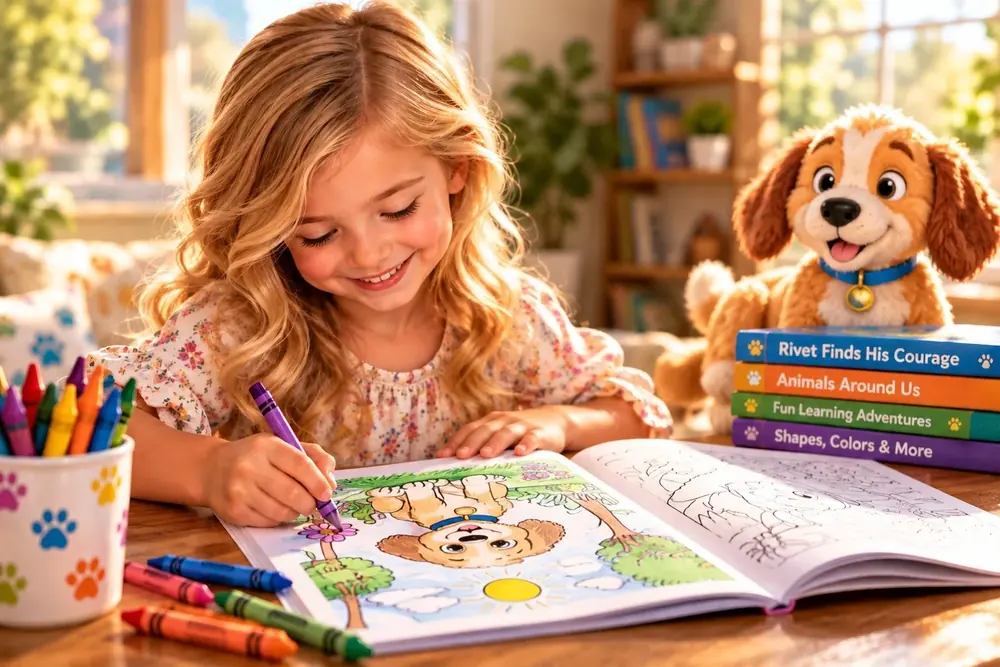 A girl coloring a puppy picture next to a stuffed dog and a stack of books