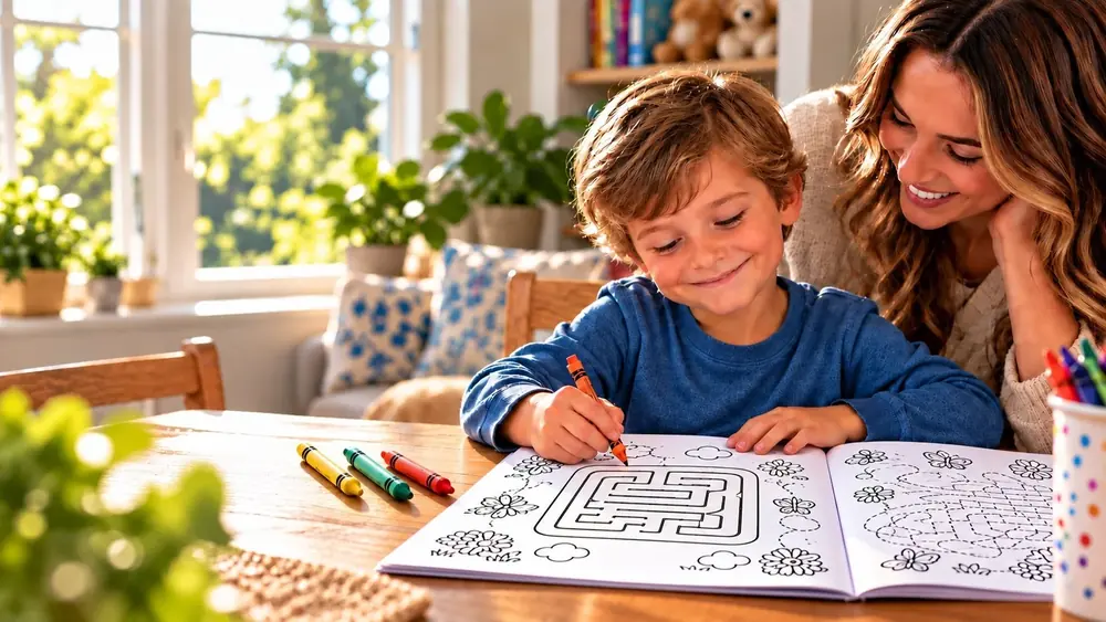 A boy working through a maze in an activity book at the kitchen table while his mom watches